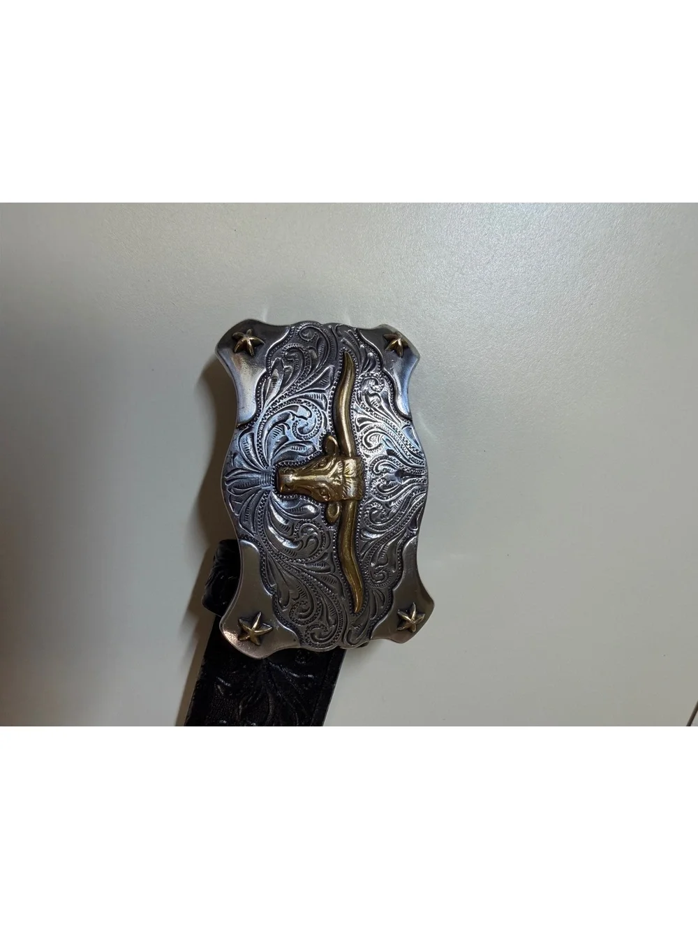 Tony Lama Black Leather Belt with Decorative Longhorn Buckle Boys Size 8
